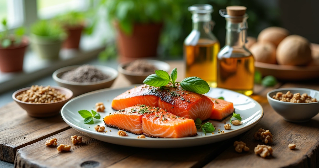 Arranjo vibrante com salmão grelhado, sementes de chia, linhaça, nozes e óleos em uma mesa de madeira.