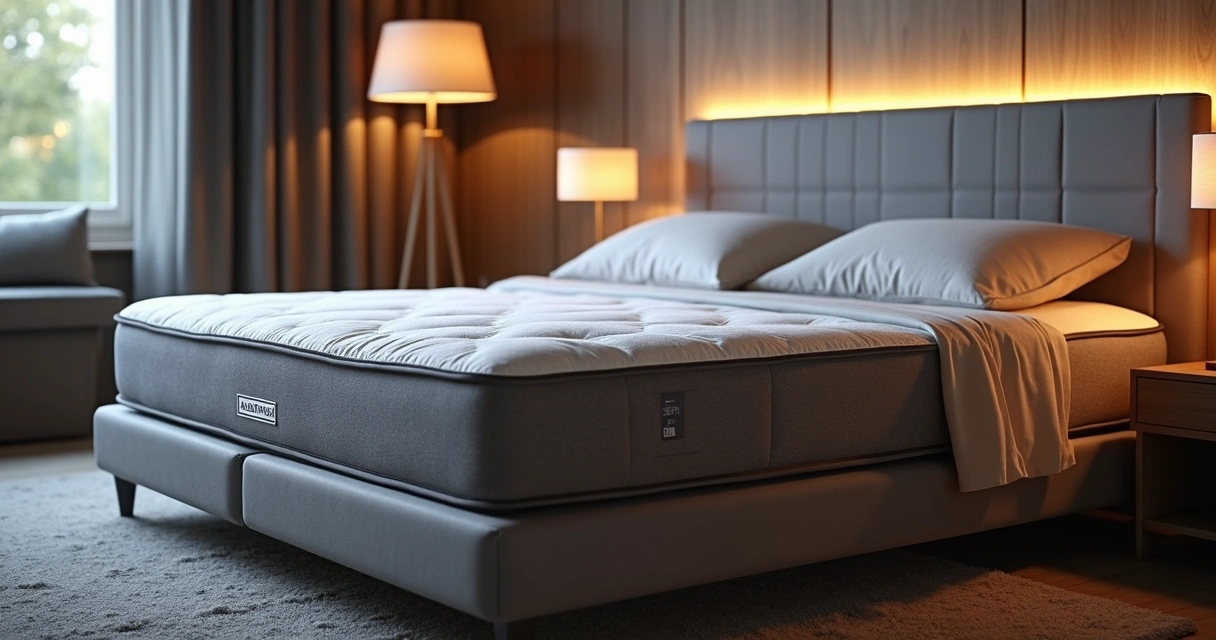 Almofada inteligente posicionada em uma cama, destacando sensores embutidos e ajuste de altura