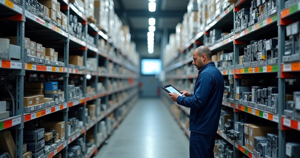 Almoxarifado industrial com peças de manutenção classificadas em prateleiras