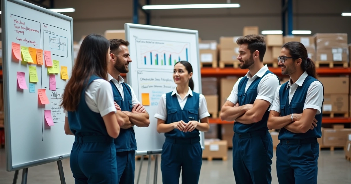 Equipe de logística reunida em armazém, focados em quadros brancos com OKRs desenhados 
