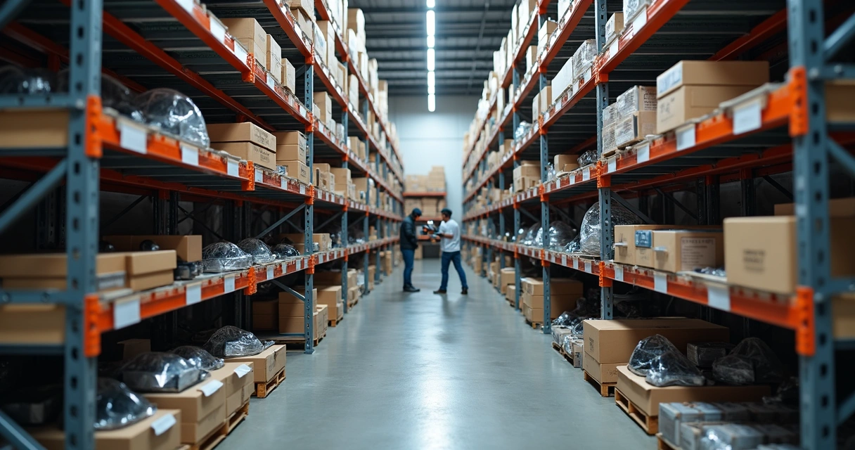 Almoxarifado industrial com peças organizadas e etiquetas de controle 