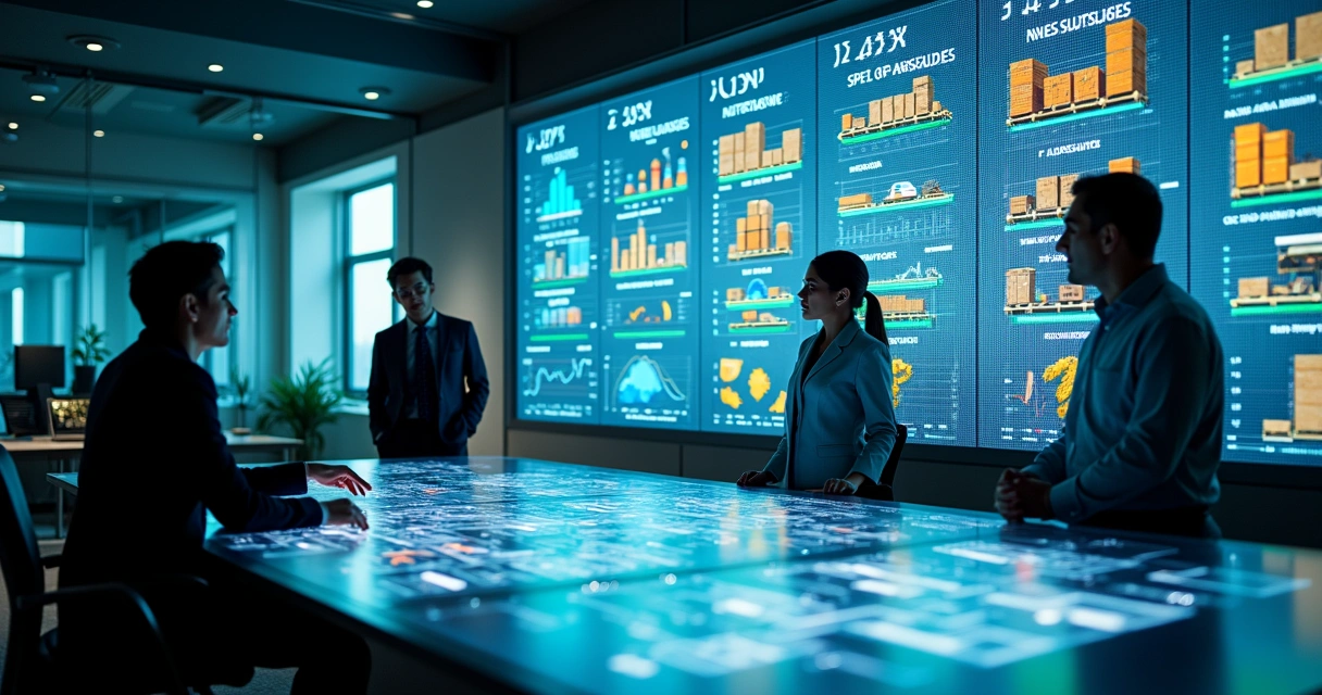 Gestores públicos analisando painel digital de almoxarifado virtual e fluxo logístico just in time 