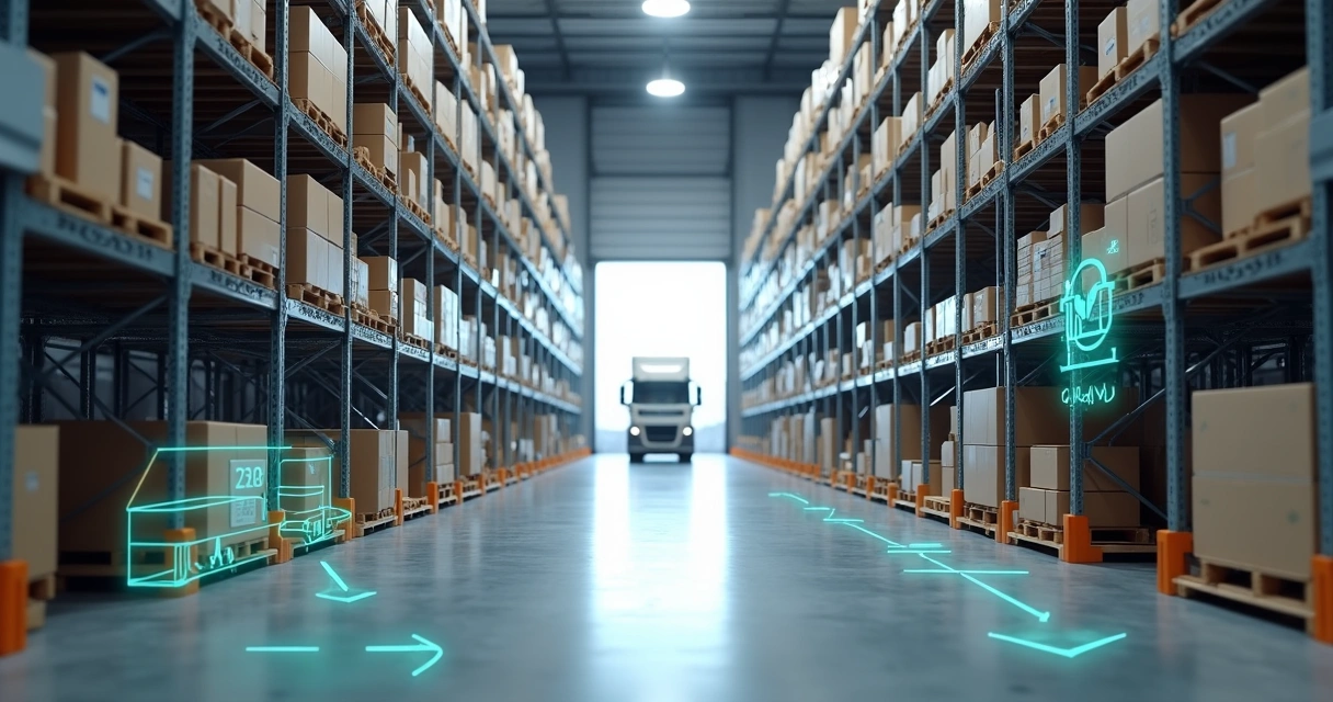 Corredor de depósito com prateleiras vazias e tablets mostrando pedidos digitais 