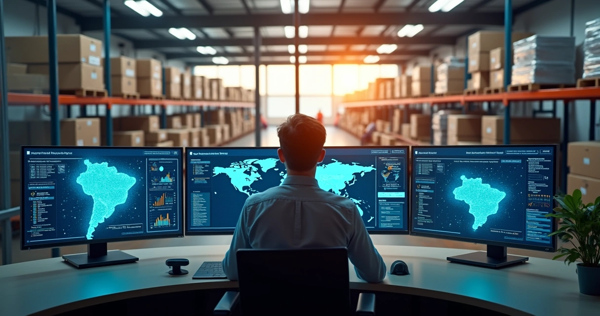 Operador em centro logístico controlando almoxarifado virtual em tela com mapa do Brasil 