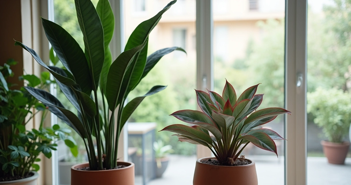 Alocasia macrorrhizos e Kalanchoe luciae em vasos decorativos 