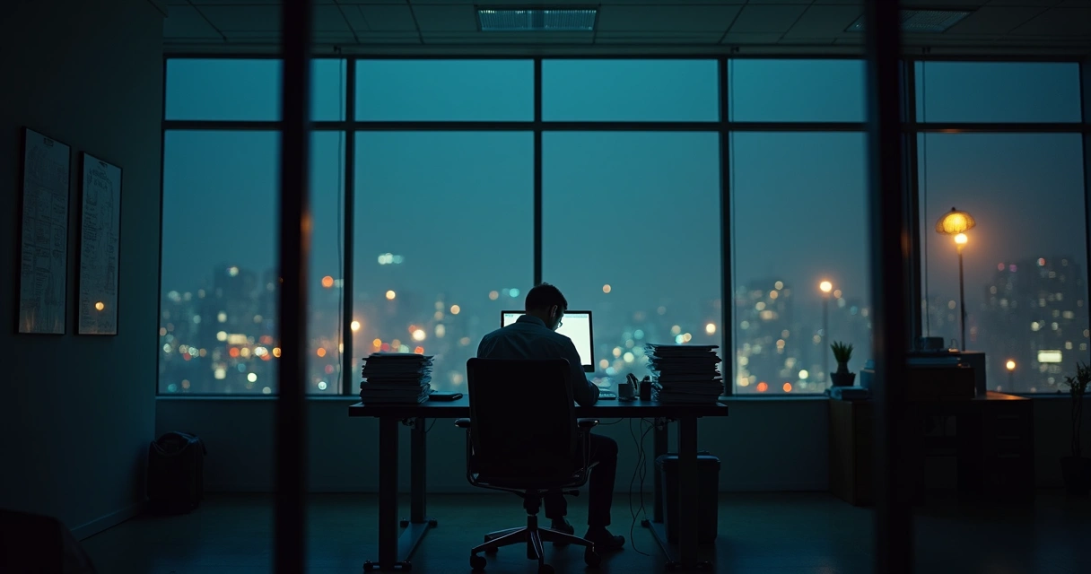 Office worker sitting alone at a desk late at night, looking reflective