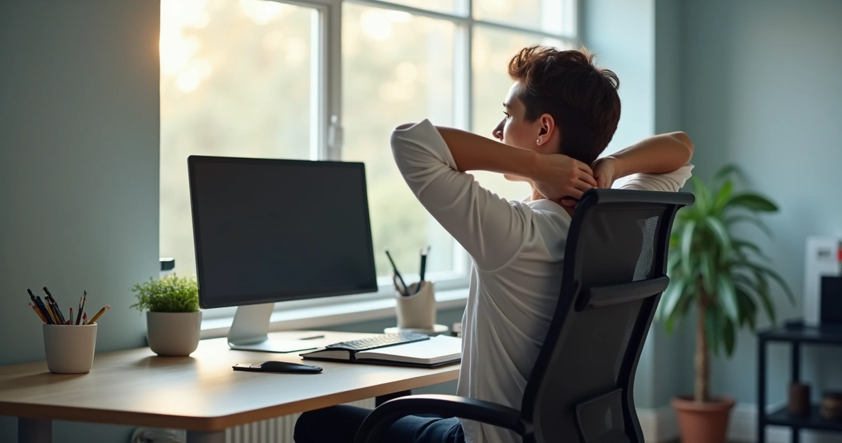 Pessoa fazendo alongamento leve sentado antes de reunião