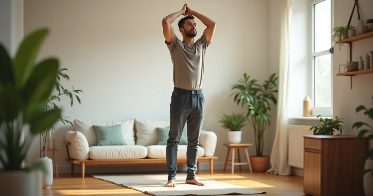Homem fazendo alongamento consciente em sala com luz natural 