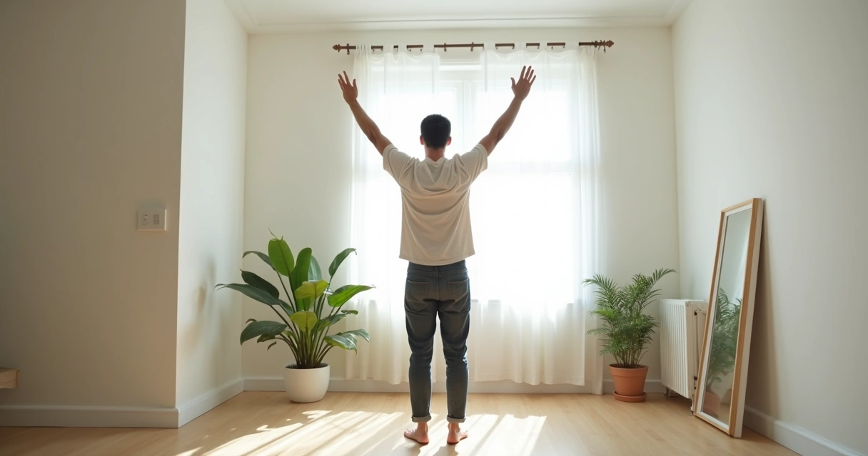 Pessoa alongando os braços em ambiente iluminado e tranquilo