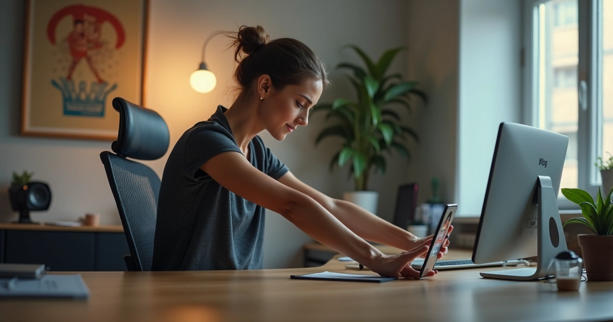 Pessoa fazendo alongamento leve em cadeira de escritório, com tela de aplicativo de exercícios exibida 