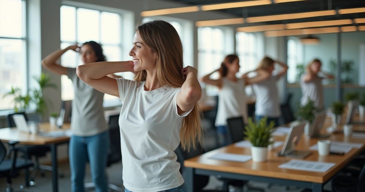 Grupo de pessoas fazendo alongamento leve no trabalho 