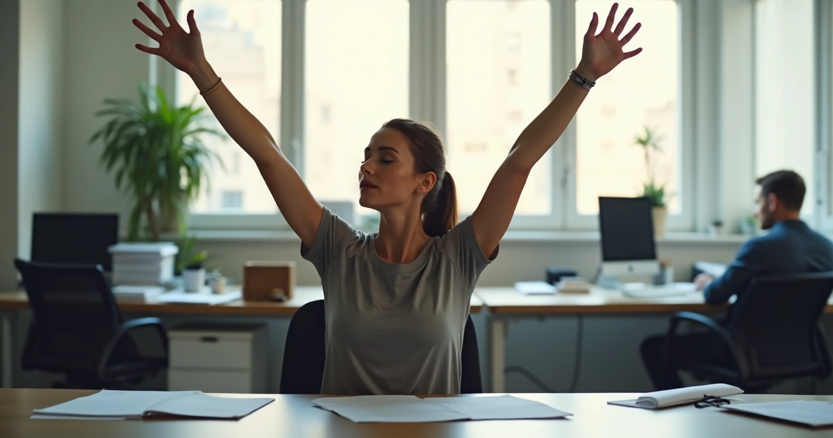 Pessoa em um escritório, sentada, esticando os braços sobre a cabeça de forma consciente 