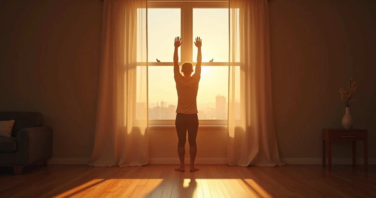 Pessoa em pé fazendo alongamento leve perto da janela ao nascer do sol 