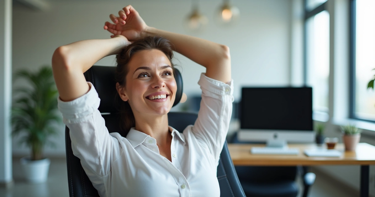 Pessoa fazendo alongamento leve sentado em escritório 