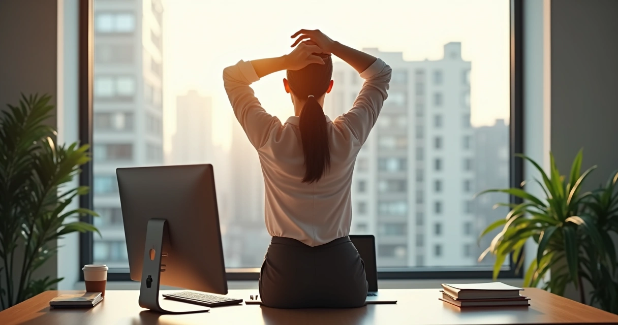 Pessoa fazendo alongamento leve no escritório durante o trabalho. 