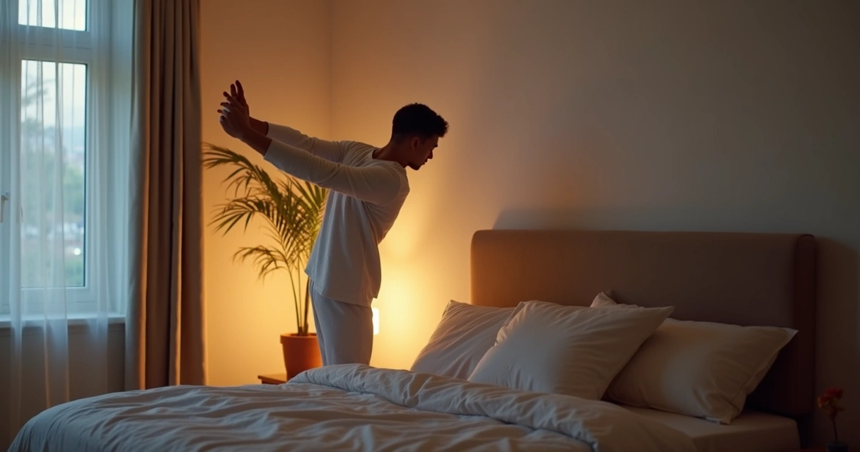 Pessoa fazendo alongamento leve no quarto ao entardecer 