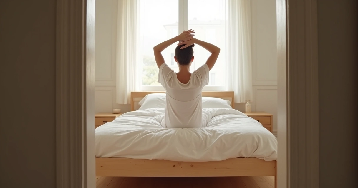 Pessoa alongando os braços ao acordar na cama 