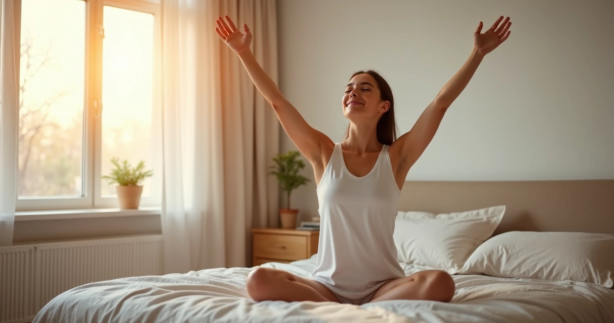 Pessoa se alongando suavemente na cama pela manhã