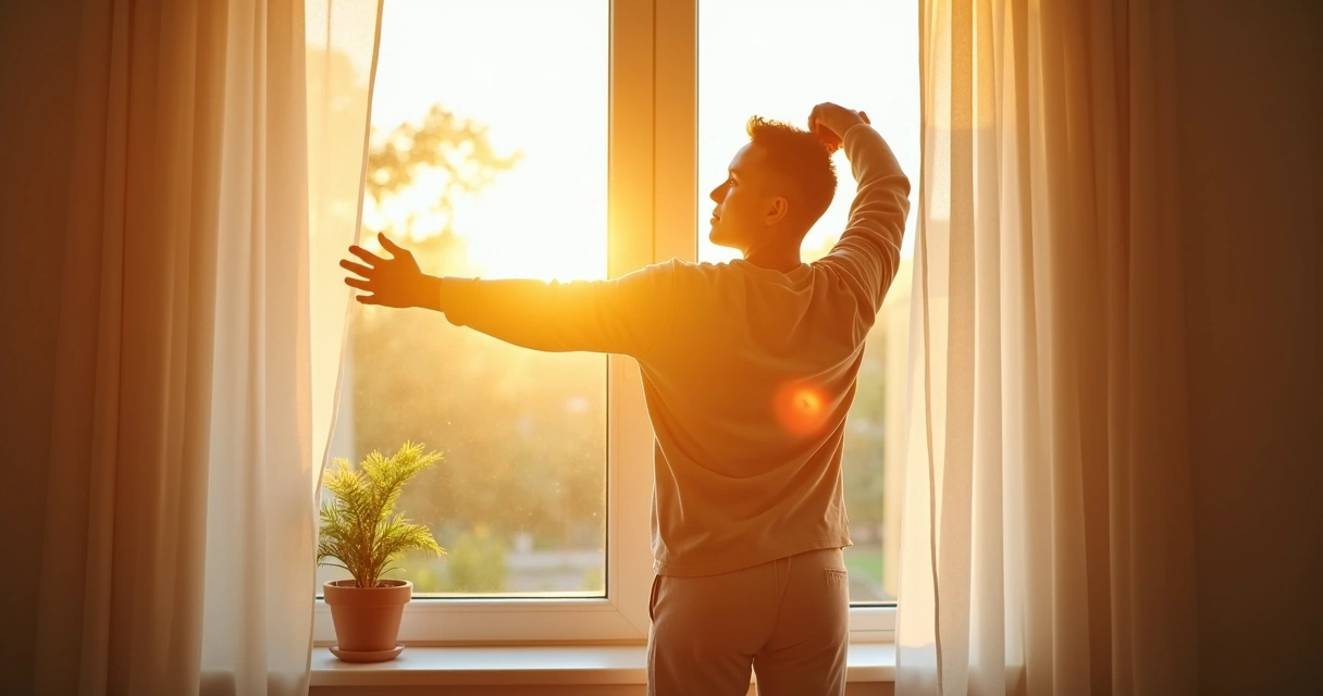 Pessoa alongando ao lado da janela com luz da manhã