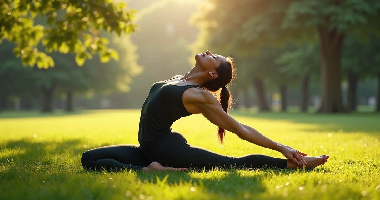 Pessoa praticando alongamento ao ar livre em postura de consciência corporal