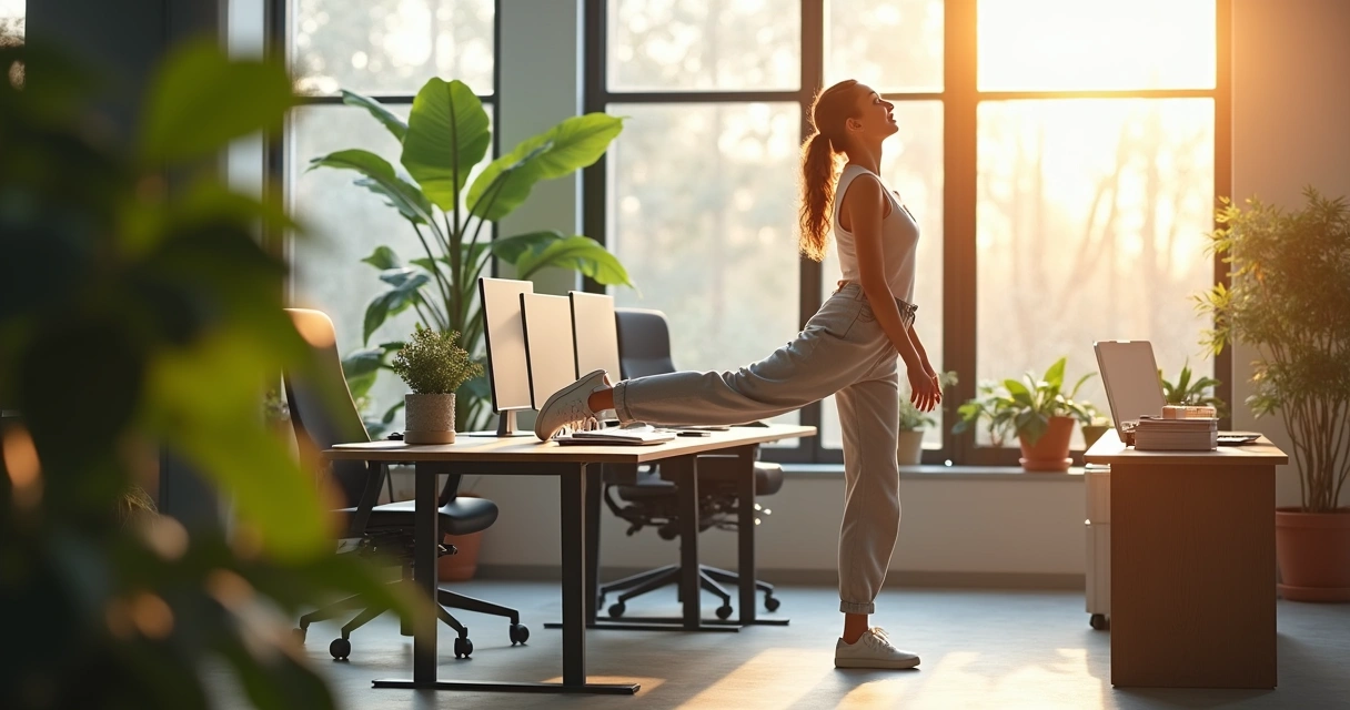 Mulher alongando as pernas ao lado da mesa de trabalho