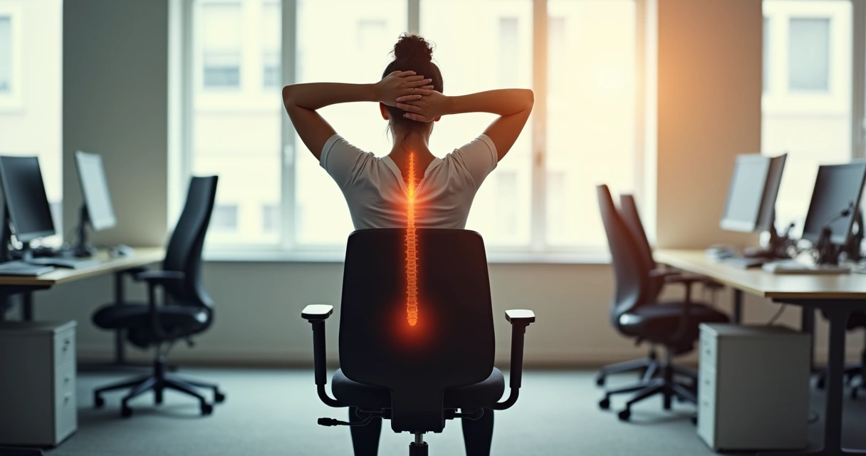 Cuidado postural sentado no escritório, alongando coluna lombar 