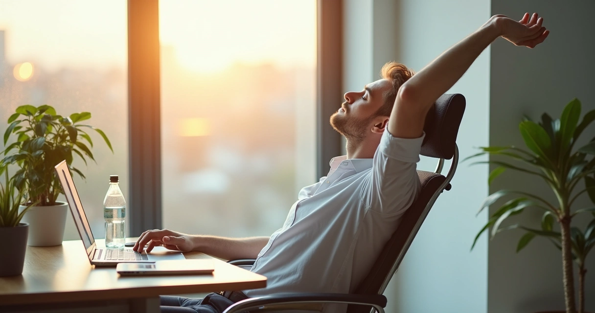 Profissional fazendo alongamento sentado em cadeira de escritório 