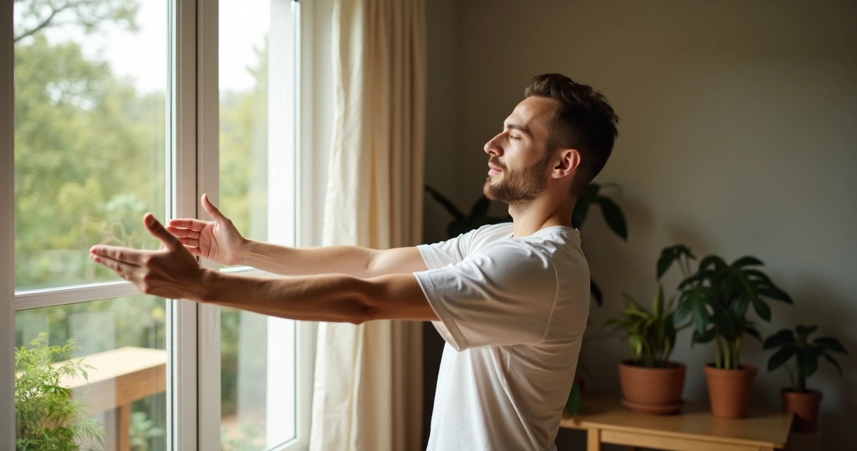 Pessoa alongando os braços perto de janela aberta, luz suave entrando 