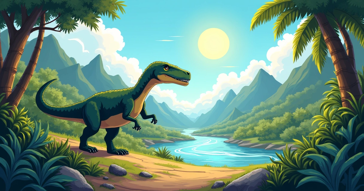 Ilustração do Alossauro em um habitat natural com vegetação e a representação de um Dilúvio ao fundo.