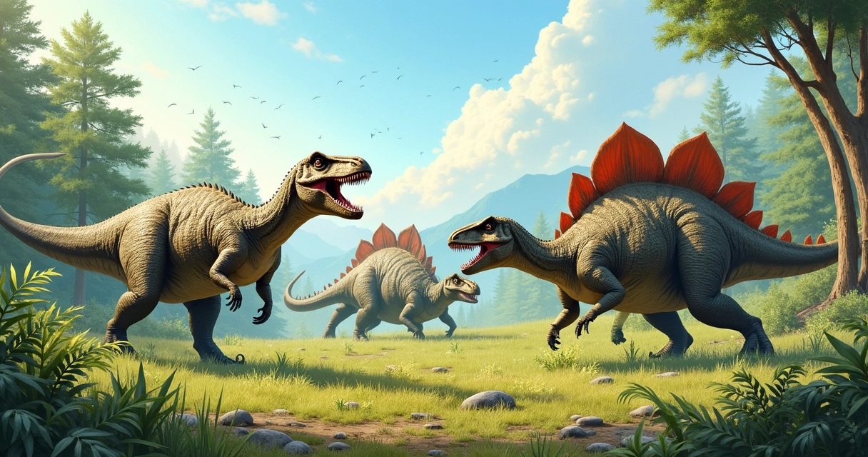 Grupo de Alossauros caçando um Estegossauro em uma floresta jurássica vibrante.