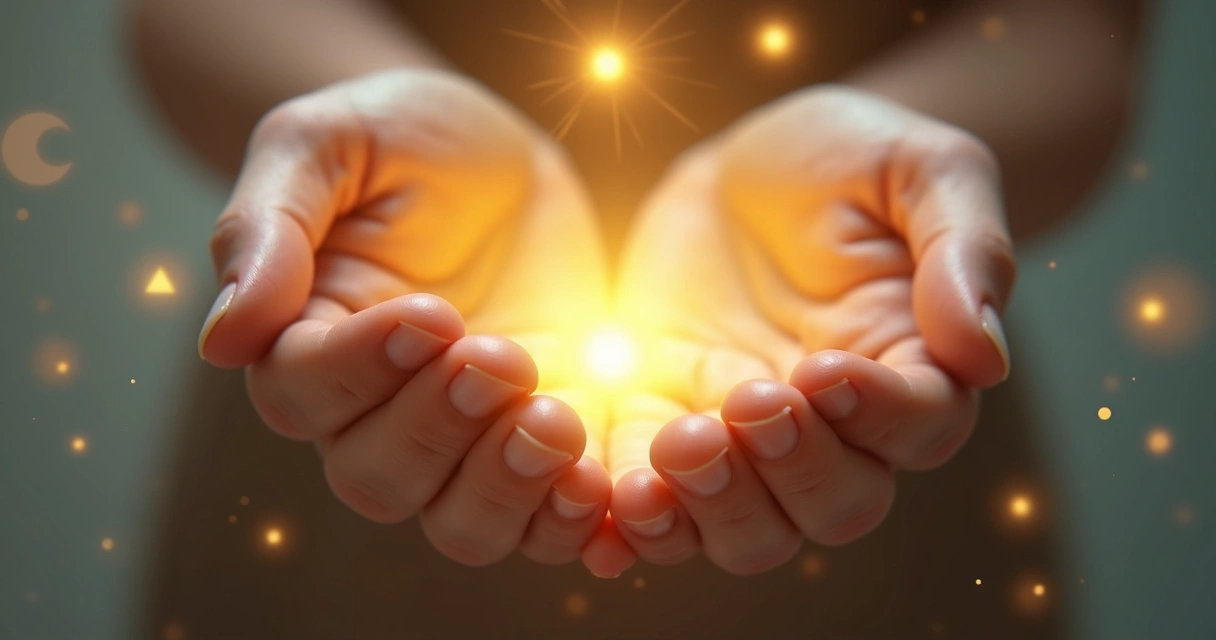 Mãos femininas segurando luz dourada ao centro que representa transmutação de emoções 