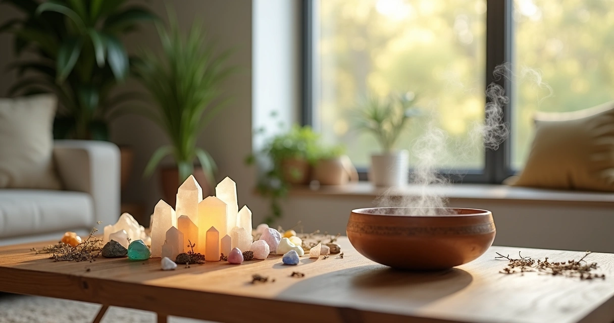 Ambiente limpo com cristais e instrumentos xamânicos 