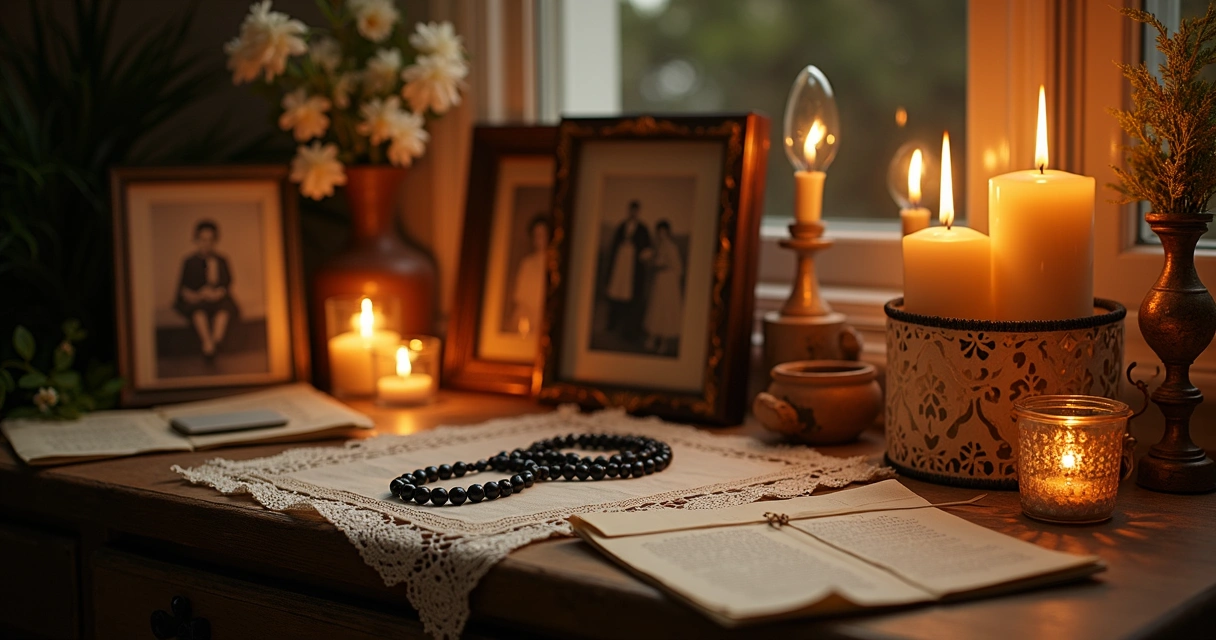 Altar doméstico com fotos antigas, velas acesas e objetos pessoais de família 