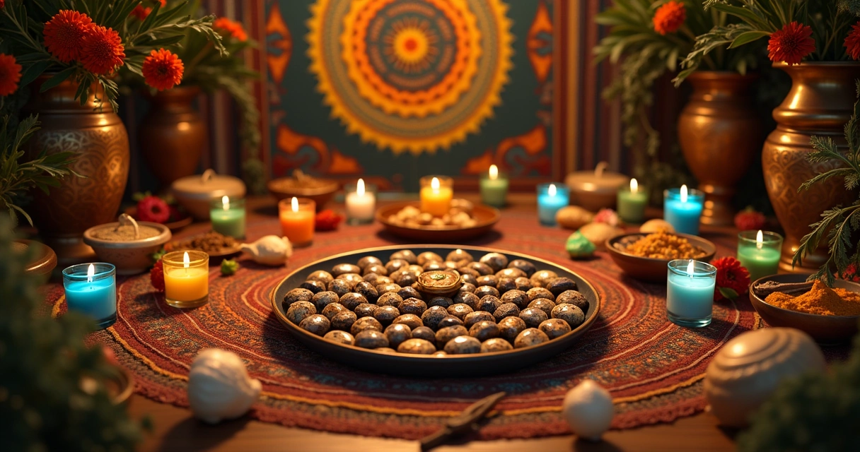 Altar with assorted búzios, candles, and spiritual symbols depicting African heritage.