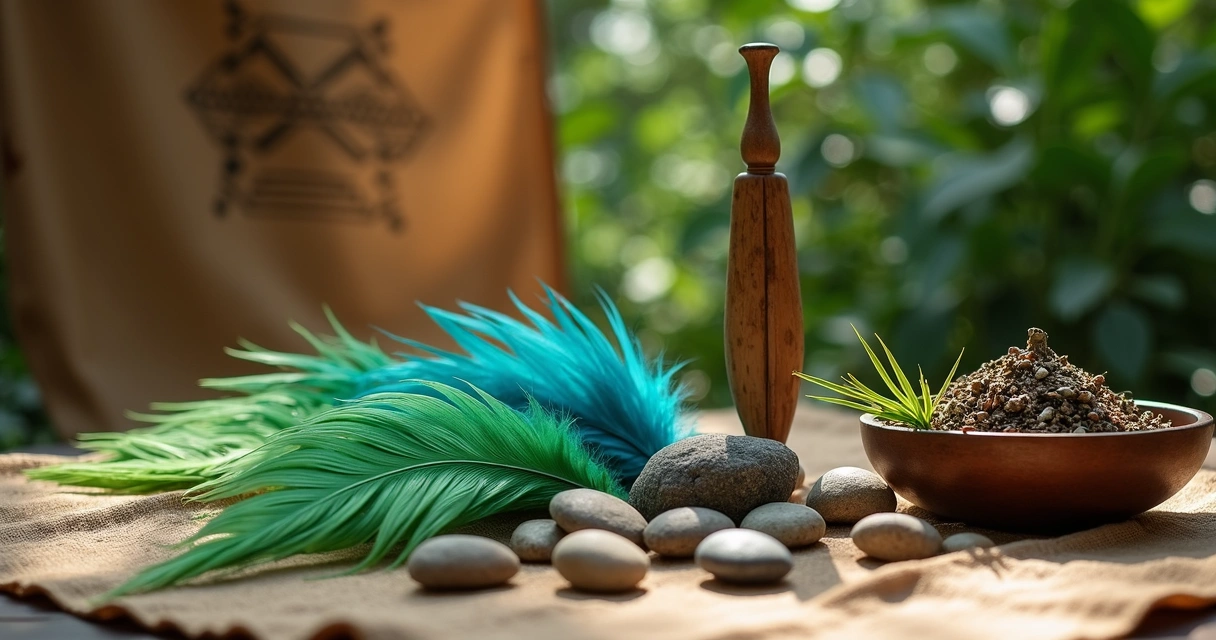 Altar espiritual de caboclo com penas, flechas e ervas 