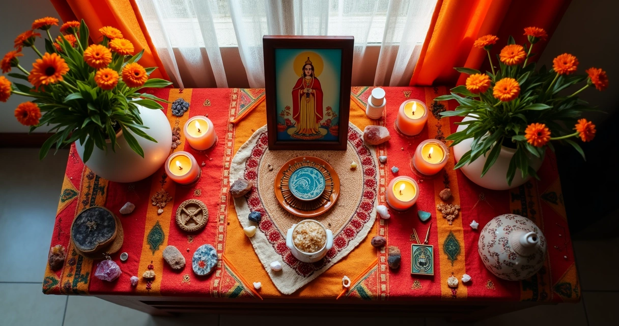 Altar cigano colorido com velas, pedras, panos e imagem de Santa Sara Kali 