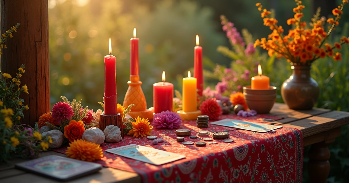 Altar cigano com velas acessas e flores coloridas na mesa 