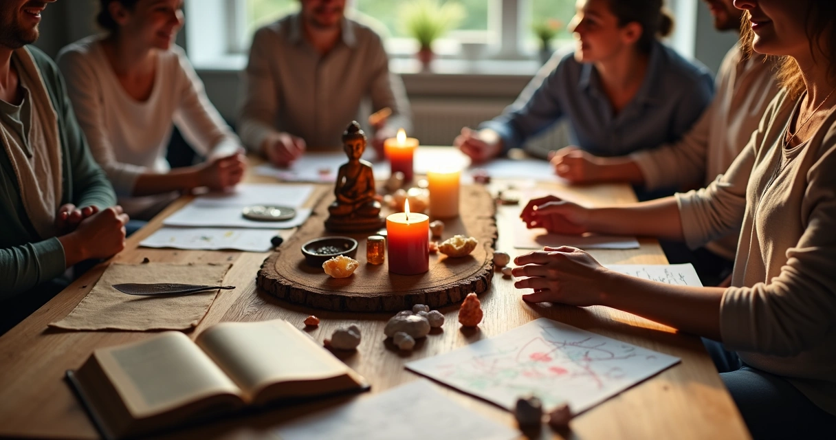 Vários objetos espirituais de diferentes tradições em um altar coletivo 