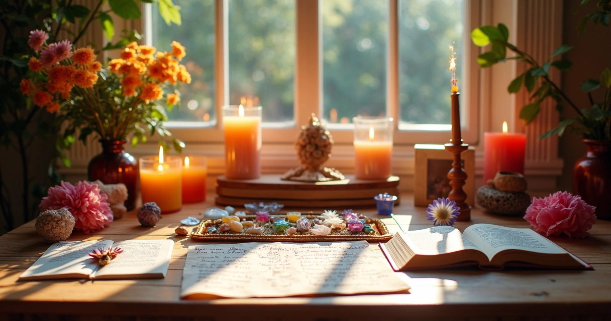 Altar místico colorido com objetos de metas mensais