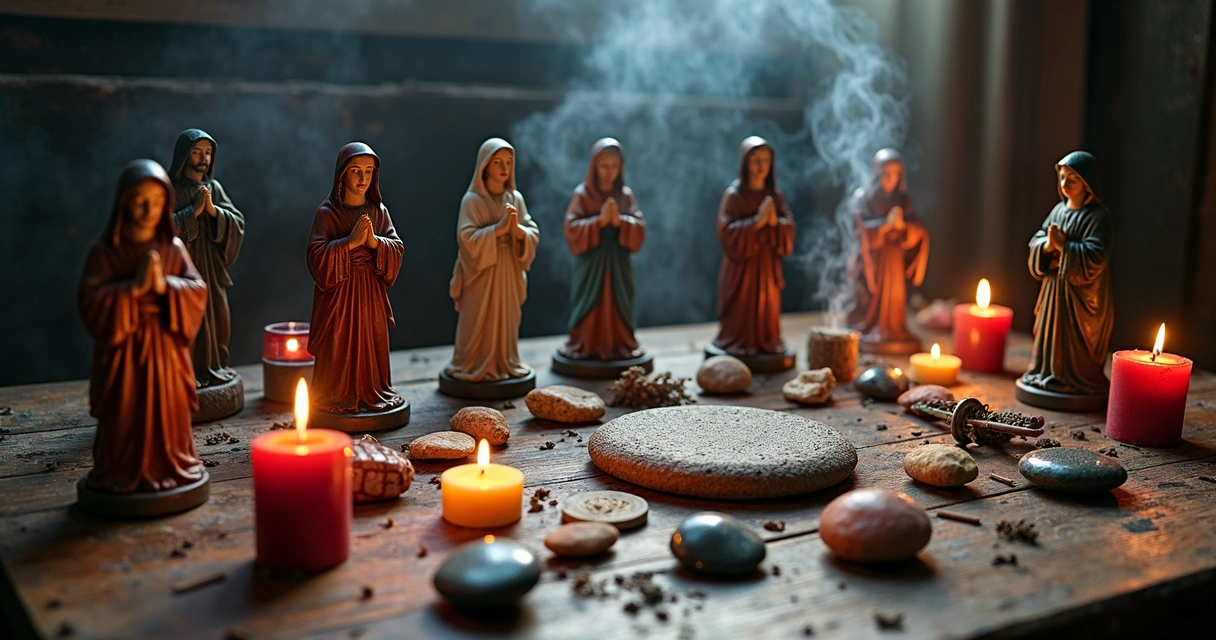 Altar com pedras protetoras, imagens de santos católicos e velas de diferentes cores, tudo misturado 