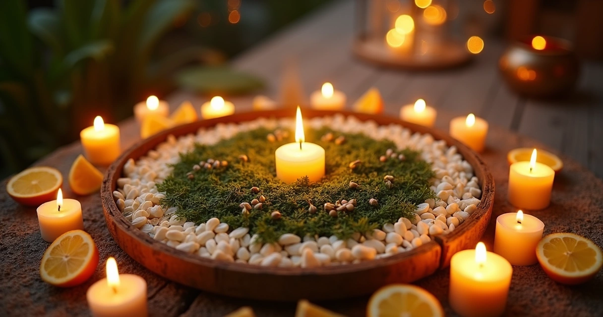 Altar com velas amarelas e elementos dourados para prosperidade 