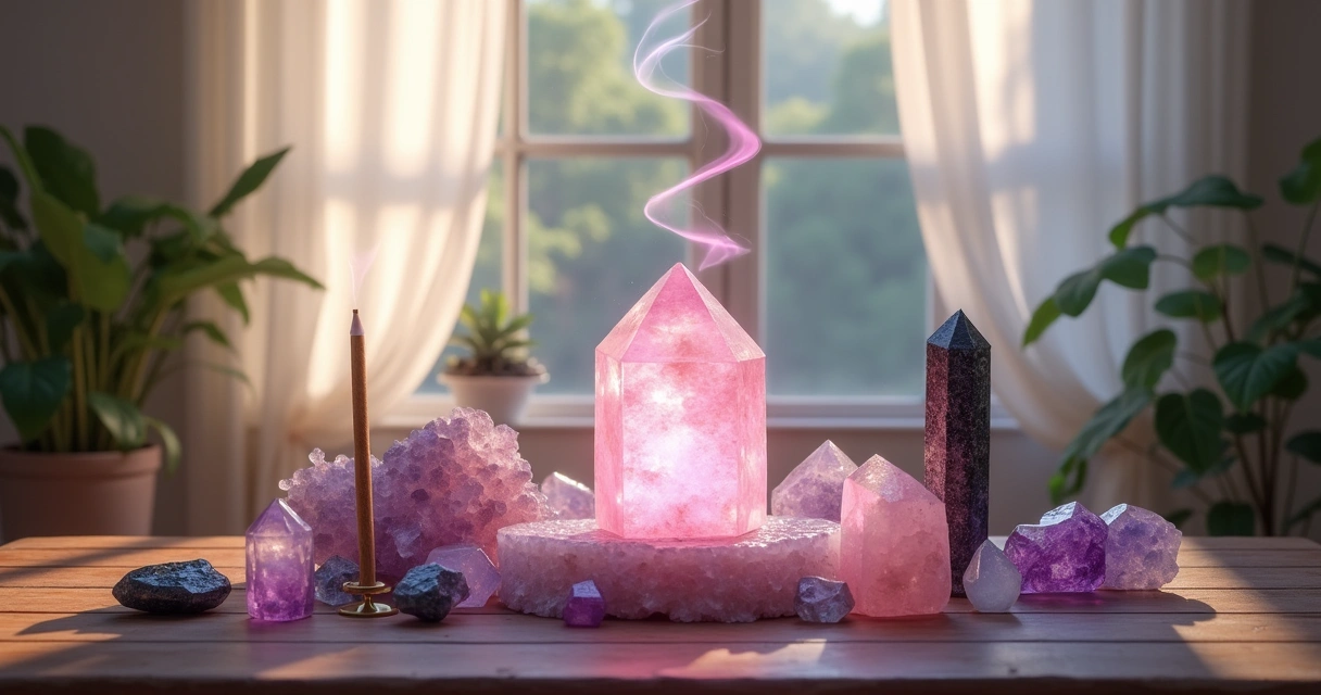 Altar com cristais como quartzo rosa, ametista e turmalina negra, com luz suave e ambiente tranquilo.
