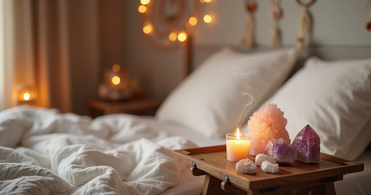 Altar com velas, cristais e incenso harmonizando ambiente do quarto