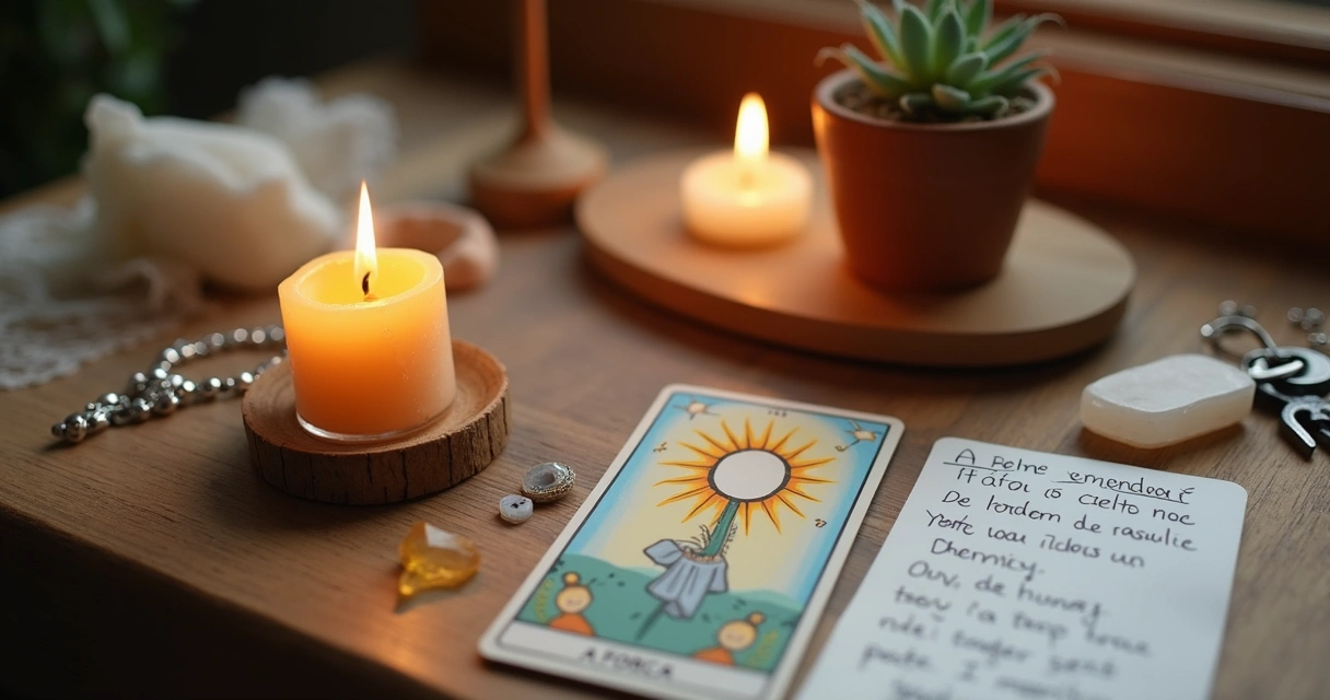 Altar pequeno com objetos de coragem e vela acesa 