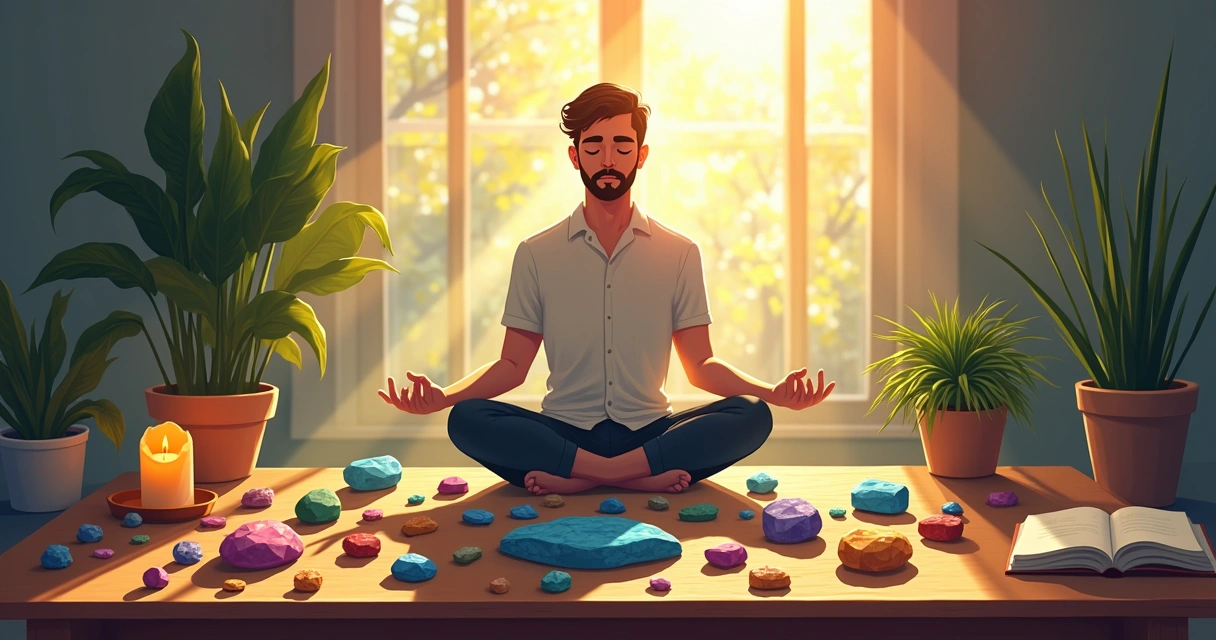 Altar de pedras e cristais iluminado pelo sol, com um homem meditando e emanando energia