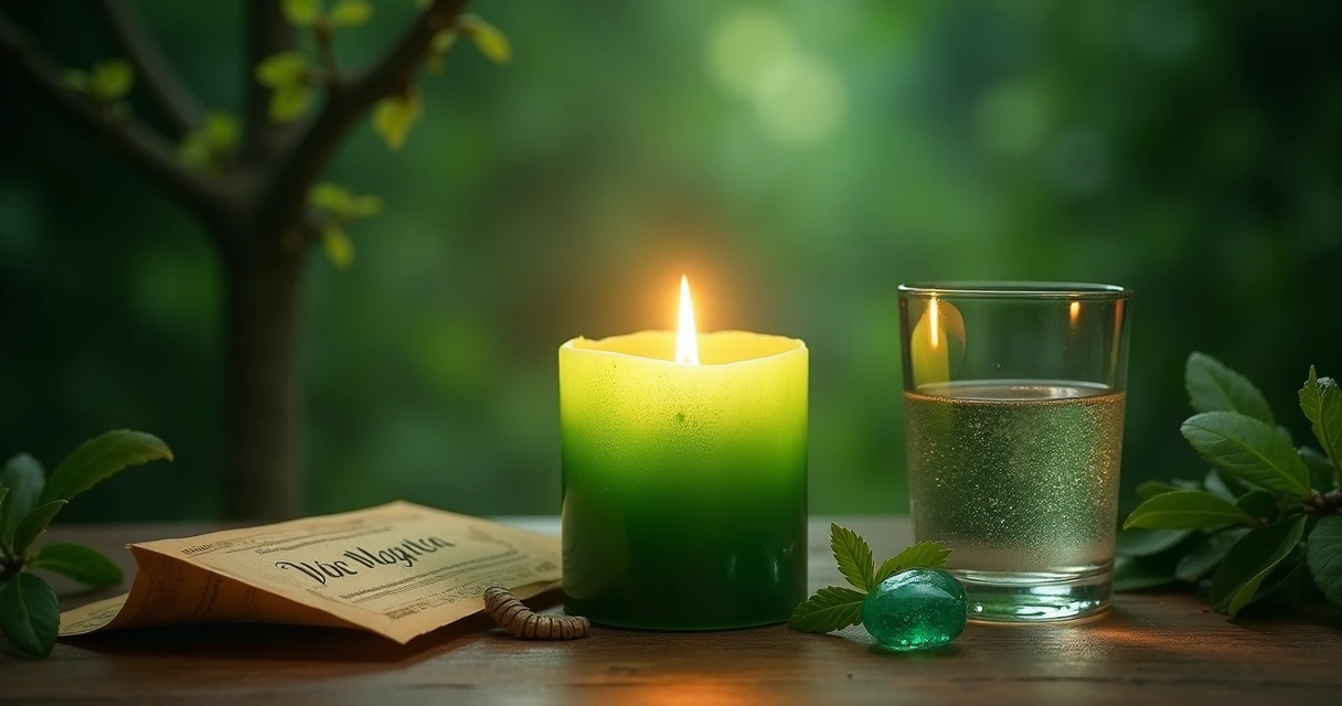 Altar de prosperidade com vela verde, copo de água, papel com desejo, cristal e moeda.
