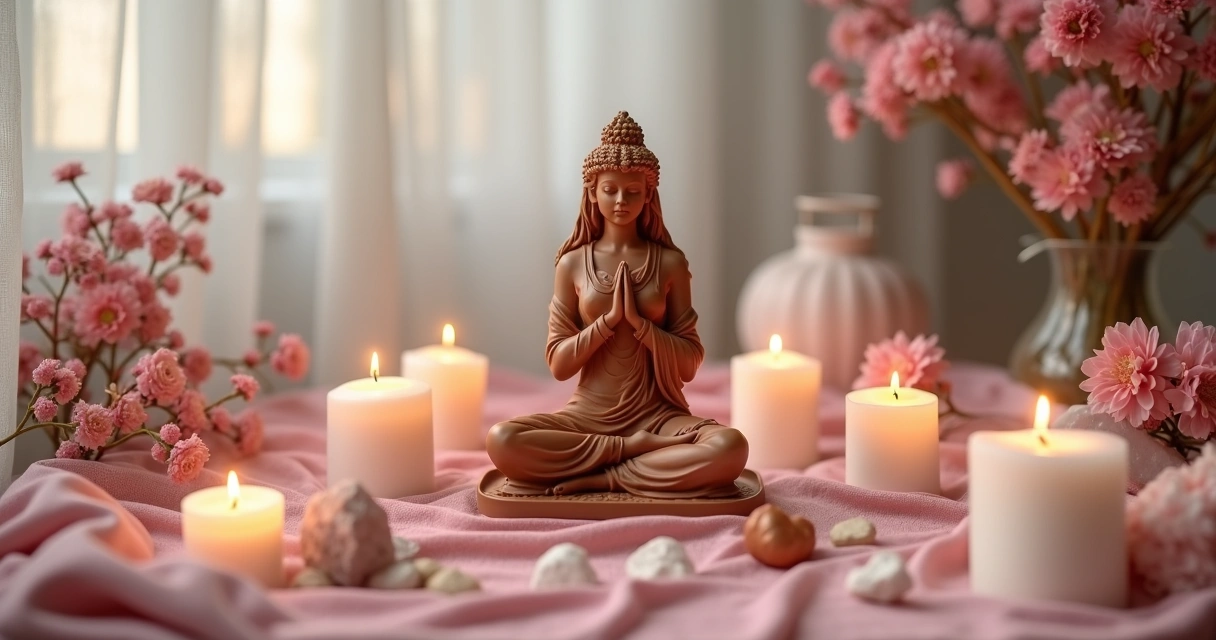 Altar montado com imagem feminina, velas e flores 