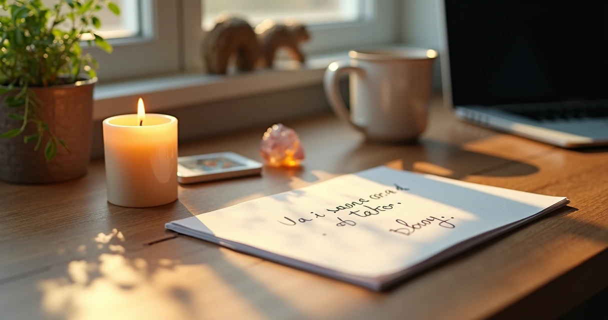 Altar esotérico discreto sobre mesa de trabalho 