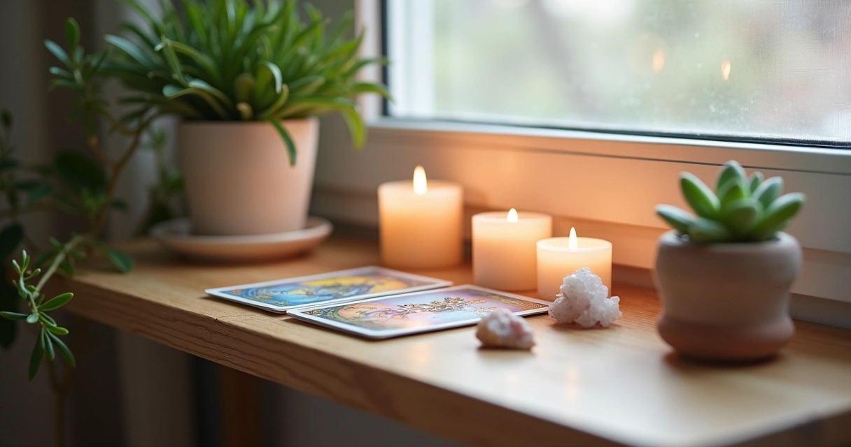 Altar esotérico organizado em pequeno espaço 