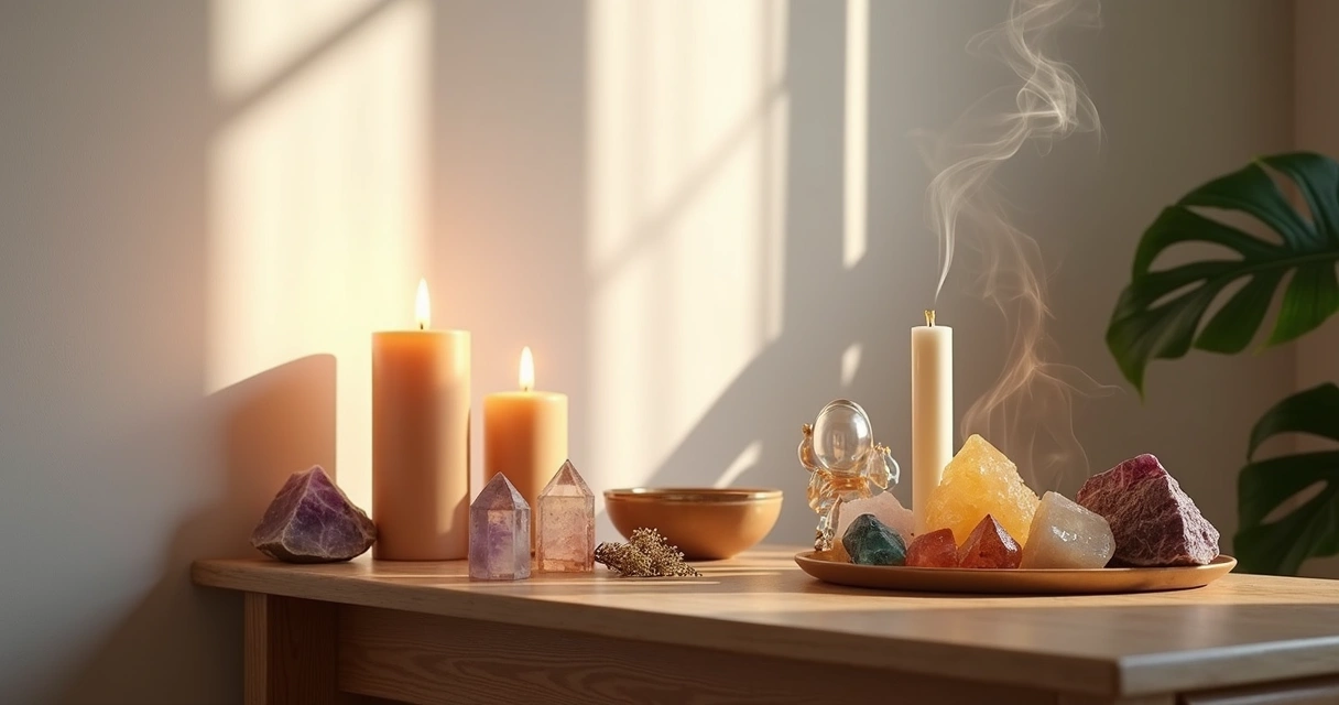 Altar esotérico montado em uma sala residencial 